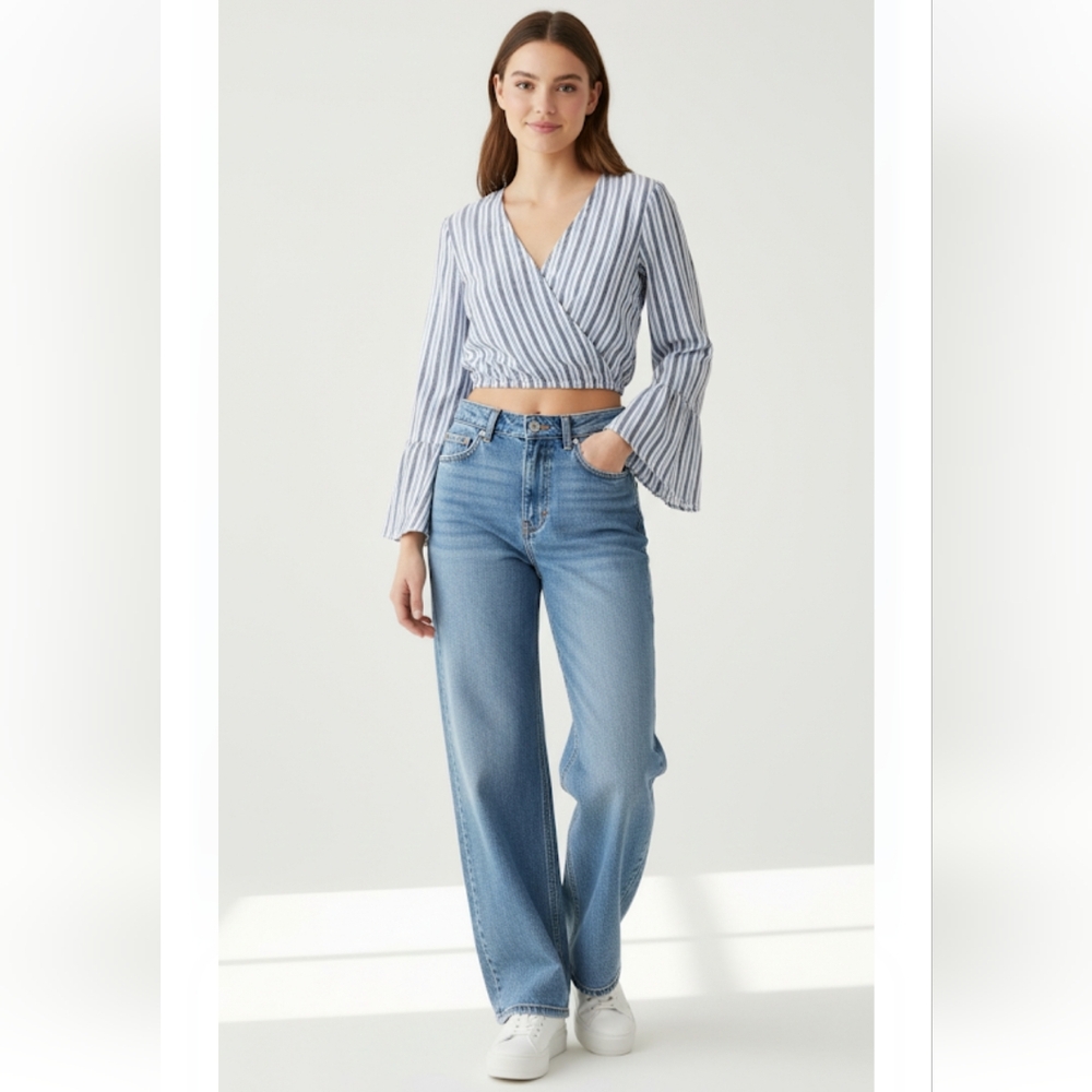 Sadie & Sage Faux Wrap Top Women Blue White Striped Nautical Bell Sleeves Small